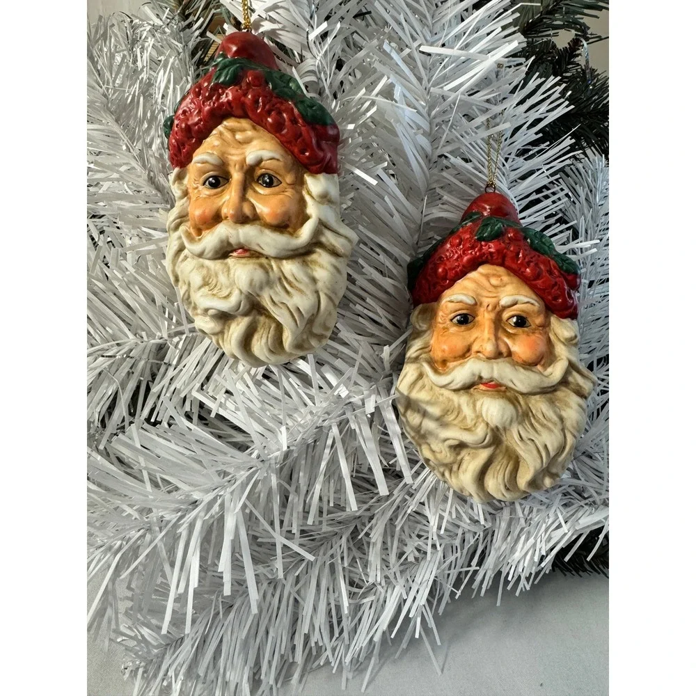 Santa Claus Ornaments Red White Vintage Style Set of 2